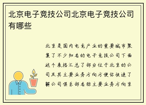 北京电子竞技公司北京电子竞技公司有哪些